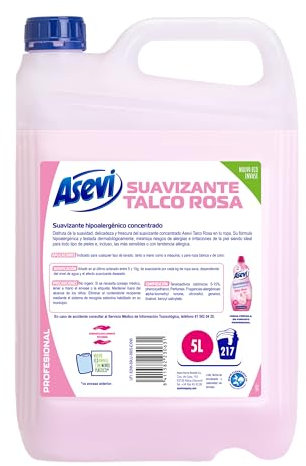 Asevi Profesional Suavizante Hipoalergénico Talco Rosa Concentrado - para Lavadora y Pieles Sensibles - Todos los Tejidos - Dermatológicamente Testado - 5 Litros - 217 Lavados