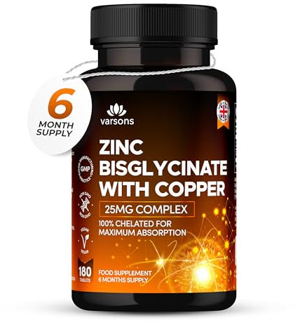 Zinc Bisglycinate 25mg with Copper - Chelated High Absorption Zinc Supplements for Immunity, Skin, Bones & Hair - 6 Month Supply, Vegan-Friendly & Magnesium Stearate-Free
