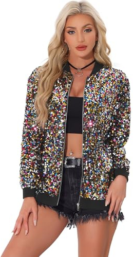 Allegra K Giacche Lucide da Donna con Paillettes Giacca Bomber a Maniche Lunghe Blazer con Cerniera da Festa Multicolore M