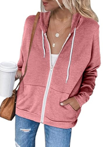 Jhsnjnr Damen Sportjacke mit Kapuze Taschen Reißverschluss Sweatshirt Langarm Zip Hoodie Herbst Kapuzenjacke Sweatjacke