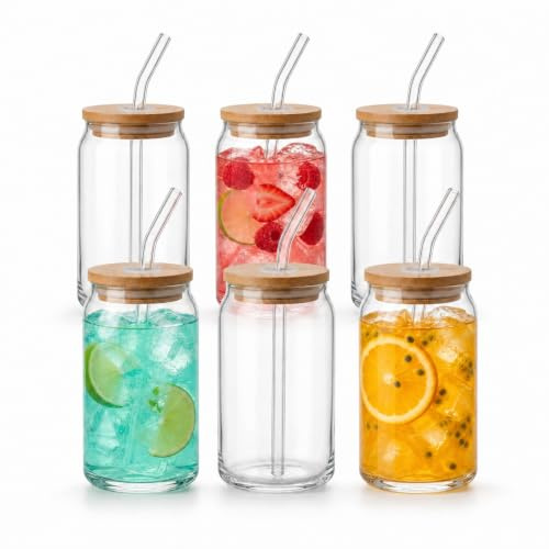 gouveo 6er Set Trinkgläser Dose 350 ml mit Bambusdeckeln und 6 Glasstrohhalmen – dosenförmige Gläser für Cocktails, Limonade, Saft, Eiskaffee und Eistee