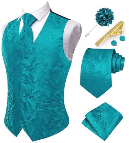Hi-Tie Men's Suit Vest and Tie Set Formal Waistcoat V-Neck Paisley Vest and Tie Pocket Square Cufflinks Set for Wedding