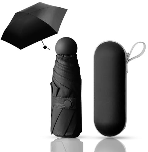 Coztie Folding Travel Umbrella, 6 Ribs Windproof Compact Mini Folding Umbrella with Capsule Case, Portable Small UV Umbrella, for Men Women 90 x 55 cm Black (Black)