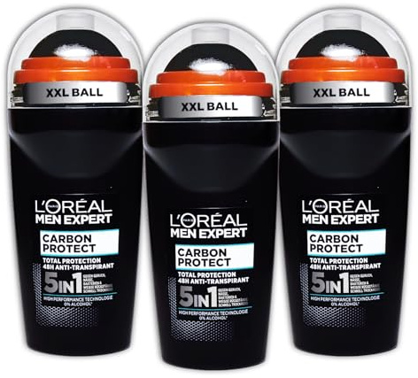 Confezione da 3 deodorante L'Oréal Paris Roll-on Carbon Protect per uomini – deodorante 5 in 1 48h 3 x 50 ml