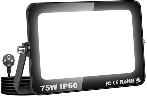 Willpower Foco LED Exterior Interior Proyector LED 75W 7,500LM Focos de Luz 6000K Blanco Frío IP66 Luz de Inundación Iluminación para Garaje Patio Jardín Terraza Parque Trabajo, con Enchufe
