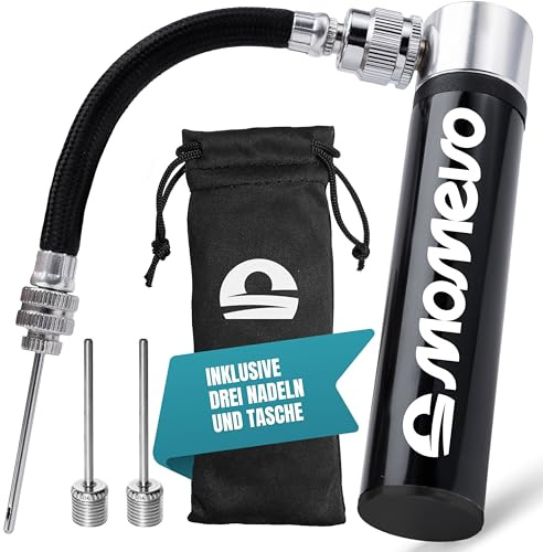 Momevo PocketAir - Mini Ballpumpe mit flexiblem Schlauch für alle Bälle - klein, plastikfrei aus Aluminium - Ballpumpe für Fußball, Basketball, Volleyball (Mattschwarz)