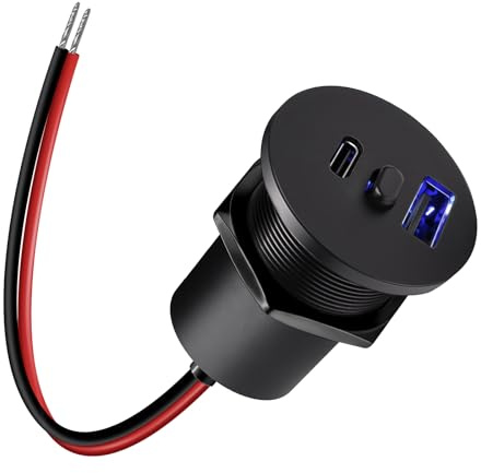 acegoo Prise USB C 12V Encastrable Aluminium, Double Prise avec Interrupteur et Lumière Bleue 12 Volt Voiture PD3.0 et QC3.0 Charge Rapide pour Camping-Car Bateau Marine Camion Caravane, 1 Pièce