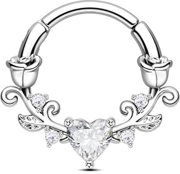 CM Crareesi Mania Rosen Septum Piercing Rings Gold/Silber Septum Clicker 16G Daith Helix Piercing 316L Edelstahl 10/8mm Herz-Zirkonia Earrings for Women