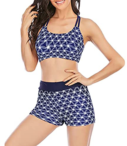 Maillot De Bain Shorty Femme 2 Pieces Push Up, Ensembles Maillots Deux PièCes Taille Haute Tankini Shorty Push Up Imprimé Licou De Bain Bikini Set avec Short Swimwear De Plage Hawaii Beachwear Été