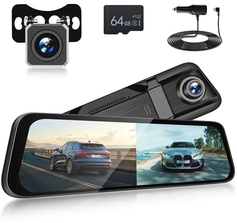 9.66 Spiegel Dashcam mit Rückfahrkamera,Dash Cam Auto Kamera Dual 1080P, IPS-Touchscreen, Rückspiegel Kamera Vorne Hinten,Kostenlose 64-GB-Karte, Nachtsicht, 24 Stunden-Aufnahme, HDR,150°Weitwinkel