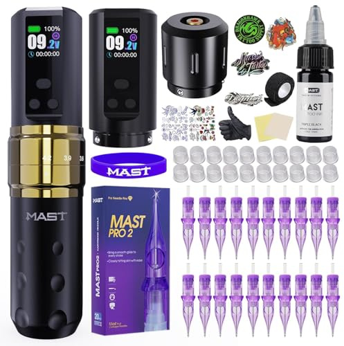 Mast Fold2 Pro Kit Tatuaggio Senza Fili, Penna Professionale Rotativa | 2 Batterie 2000mAh, RCA Connect, Aghi E Inchiostro Nero, Set Completo,Dorato