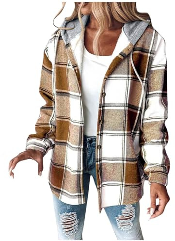 Chanpning Veste À Carreaux Femme Chic Manteau Bûcheron Chemisier Manches Longues Chaud Surchemise Boutonnée Blouse Avec Capuche Carreaux Veste Hiver Surdimensionnée Vintage Casual Chemise