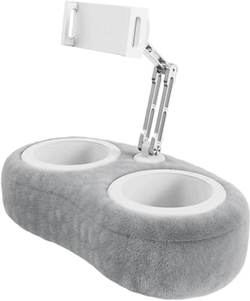 Gevvnss Tablet Pillow Stand with 2 Snack Bowls, Adjustable Holder for 4-11 Inch Devices, 360° Swivel Clip & Flexible Gooseneck Arms, Soft Plush Fabric for Hands-Free Viewing on Bed/Sofa