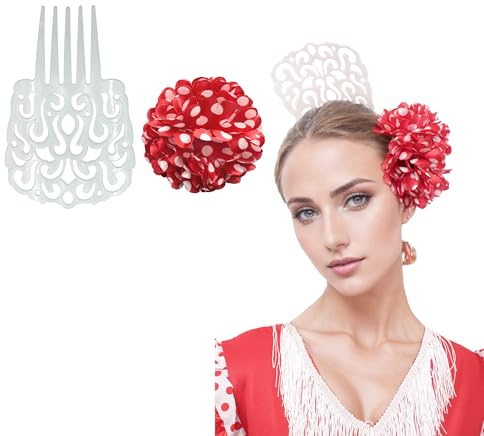 Peineta Flamenca Grande con Flor para el Pelo Mujer – Set 2 Piezas, Accesorios Tradicionales para Feria de Abril, Traje de Sevillana y Fiestas Andaluzas (BLANCO ROJO)