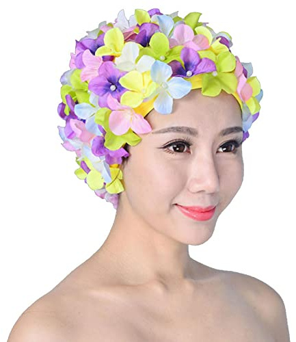 Vintage Floral Petal Retro Swim Caps Bathing Cap for Women, Ladies Flower Long Hair Care Bath Cap Hat Women Casual Sports Swimming Hat, Retro Breathable Swim Caps with Flowers