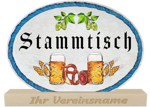 Stammtisch Schild Holz 19 cm mit Bierkrug Motiv – Deko Aufsteller aus Echtholz – optional personalisiert mit Gravur – Geschenk für Männer, Freunde, Bar, Partykeller (Mit individueller Gravur)