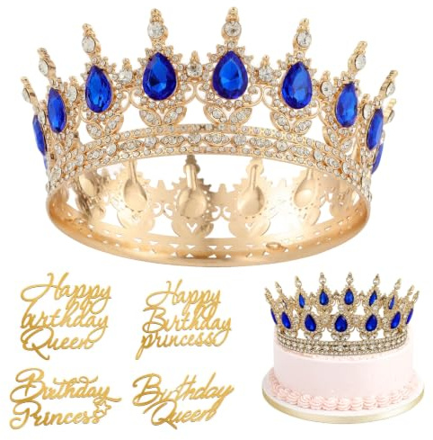 1 styck födelsedagskrona för flickor, krona för tårta, med 4 Happy Birthday-tårtdekoration, tårttoppar, för födelsedag, bröllop, förlovningar och speciella tillfällen (guld safirblå)