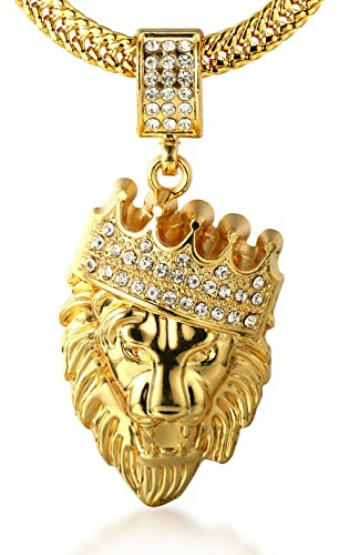 HALUKAKAH ● Kings Landing ● Men's 18k Real Gold Plated Crown Lion Pendant Necklace Artificial Diamonds Set with Free Sharktail Chain 30