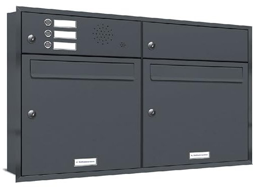 AL Briefkastensysteme, 2er Unterputzbriefkasten mit Klingel in Anthrazit Grau RAL 7016, 2 Fach wetterfeste Briefkastenanlage, Doppel-Briefkasten, Design modern