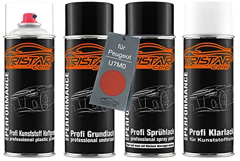 TRISTARcolor Vernice per auto Kit bombolette spray per paraurti di plastica per Peugeot U7M0 Orange Newport Nacre/Newport Orange