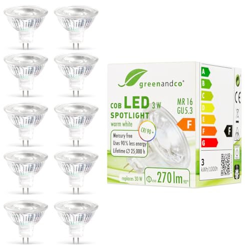 greenandco 10x MR16 GU5.3 | ersetzt 30W | warmweiß 2700K | CRI 90+ | 3W 270 lm | 38° | flimmerfrei | COB LED Spot | 12V AC/DC | nicht dimmbar