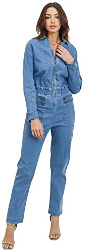 Khanomak Mono de mezclilla con cuello de mujer con bolsillos (azul medio, S)