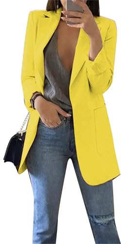 EFOFEI Damen Jacke Mit Doppelter Seitentasche Umlegekragen Business Büro Mantel Mode Anzug Trenchcoat Elegant Langarm Blazer Gelb L