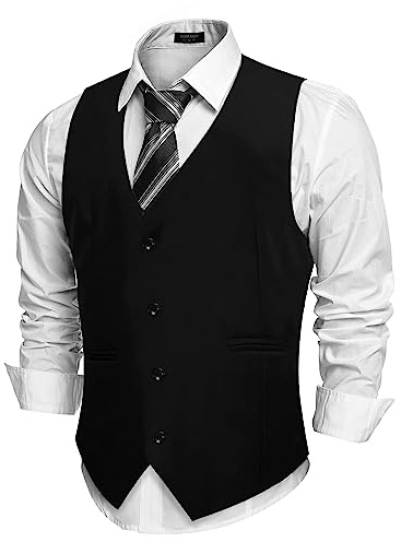 COOFANDY Men's Slim Fit Tweed Suit Vest Formal Business Herringbone Waistcoat Dark Black Medium