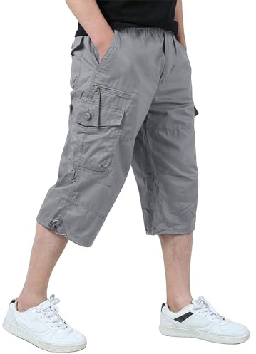 KEFITEVD Pantalones Cortos para Hombre de 3/4 de Longitud Pantalones Cortos de Trabajo de Carga Holgados Pantalones Cortos Capri Largos con Cintura Elástica, Gris Claro, 34