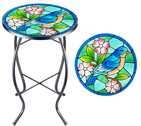 VCUTEKA Patio Side Table Outdoor Accent Table Bistro Coffee Table Plant End Table Small Porch Table Indoor Round Glass Balcony Bluebird Plant Table Stands
