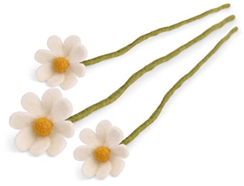 Gry & SIF künstliche Blume, künstliche Margeriten, Anemone aus Filz, Oster-deko, Deko-Element für Wohnzimmer, Ostergesteck, Handmade, Fairtrade | 3X weiße Margeriten, 30 cm