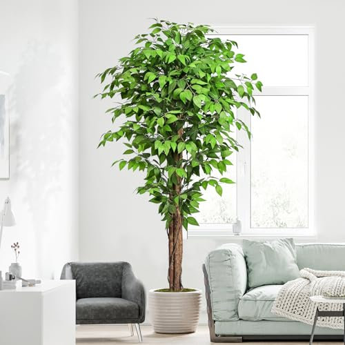 Keeplush 6ft Ficus Artificial Trees with Natural Curved Trunks, 180cm Tall Artificial Plants Tree for Indoor, Fake Ficus Tree Green Lifelike Home Decor
