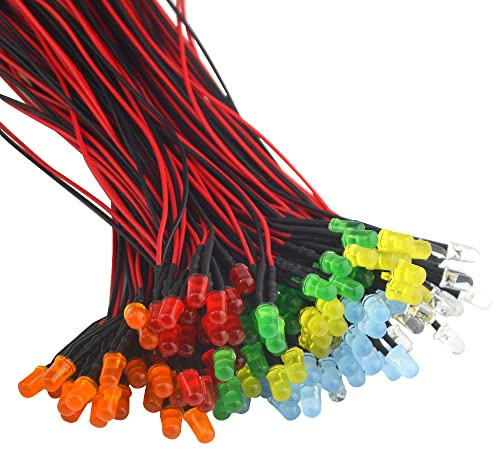 BGTXINGI 120Pcs 12V LED Light Emitting Diodes Pre Wired 5mm 7.1Inch DC 12 Volts LED Lamps White Red Green Blue Yellow Orange(6Colors x 20pcs)