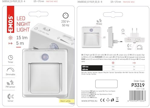 EMOS dimmbare LED Nachtlicht Steckdose mit Bewegungsmelder und Dämmerungssensor und Timer, Design Orientierungslicht für Kinderzimmer, Treppenaufgang, Schlafzimmer, Küche, Flur