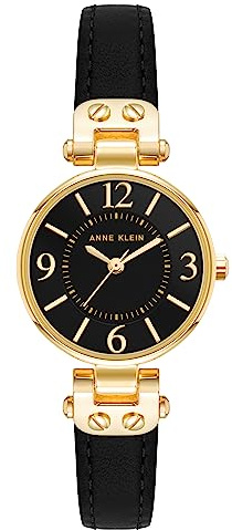 ANNE KLEIN damklocka med läderarmband, Svart/guld