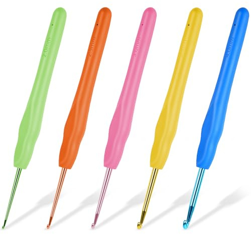 HOTUT virkningskrokar set 5-pack stickningskit, 5 storlekar virkkrokar, flerfärgade aluminiumsticknålar, ergonomiska mjuka handtag för artritiska händer, för nybörjare eller proffs (2/2,5/3/3,5/4 mm)