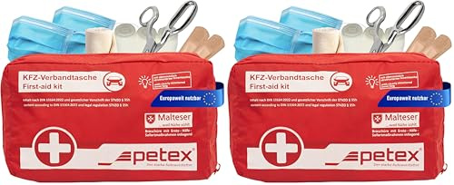 Petex 43930012 - Bolsa de Primeros Auxilios según DIN 13164, Color Rojo (Paquete de 2)