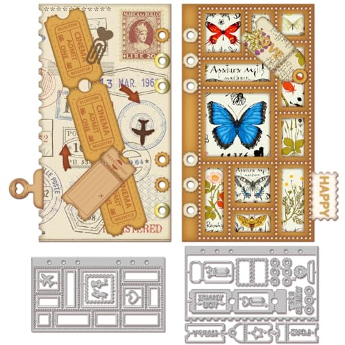 GLOBLELAND Briefmarken Seiten Tickets Metall Stanzschablone Album Innenseite Papierpräge Stanzschablonen Set Stanzformen für Kartenherstellung DIY Papier Scrapbooking Handgefertigtes Fotoalbum