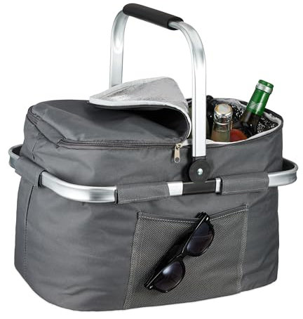 Relaxdays Einkaufskorb, faltbar, Tragegriff, HBT: 45 x 43 x 30,5 cm, Isoliertasche zum Einkaufen, Picknickkorb, grau
