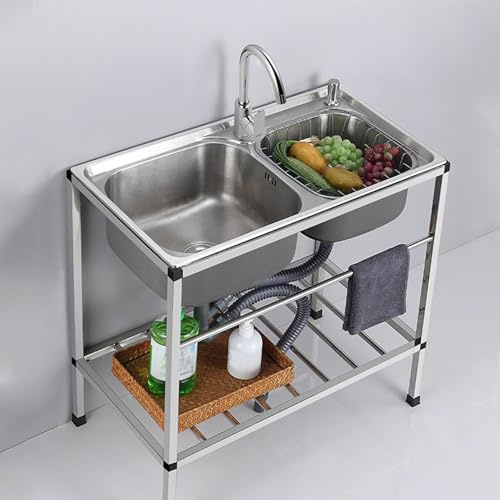 Stainless Steel Sink Mobile Sink Freestanding Double Bowl Utility Sink Camping Sink with Hot Cold Tap Commercial Sink Set for Outdoor Restaurant Garage Courtyard Laundry (72x38cm)