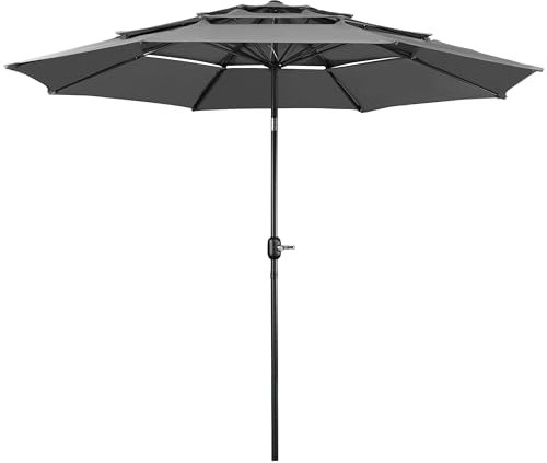 Yaheetech 3.2M 3-Tier Garden Parasol Umbrella Patio Umbrella Outdoor Sun Shade Crank Handle & 8 Metal Ribs for Garden/Backyard/Deck, Gray