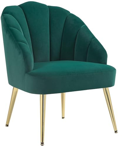 HOMCOM Fauteuil de Salon et de Chambre à Coucher Style Art déco avec Dossier en Coquille, Fauteuil tapissé en Tissu Effet Velours et Acier, 63x65x84 cm, Vert