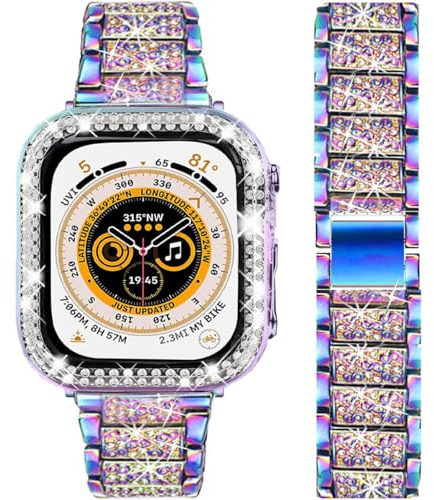 DEALELE Armband kompatibelt med iWatch 40 mm, 44 mm, 41 mm, 45 mm, 49 mm, glitter, strass, diamant, metallarmband med skyddsfodral, ersättning för Apple Watch Series 9/8/7/6/5/4/SE/Ultra, kvinnor och