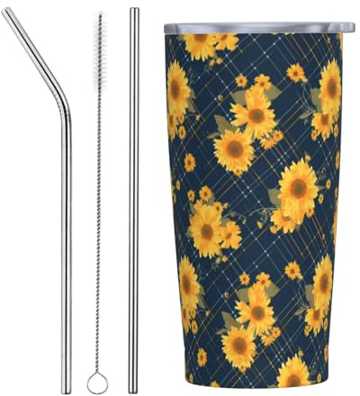 VOSERY Botella de agua de 20 onzas con tapa y popote, girasol a rayas azules, vaso aislado de acero inoxidable, taza de café de viaje, vaso personalizado