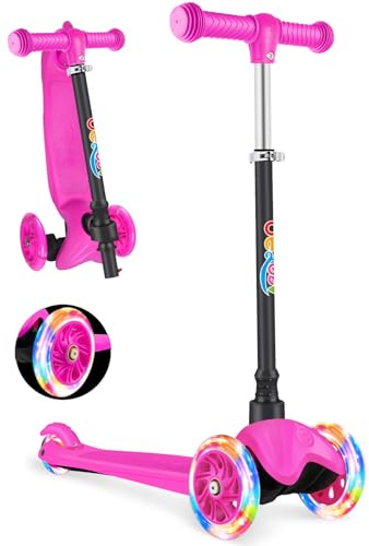 BELEEV 3-Wheel Scooter for Kids Age 2-6, Scooter for Toddlers Girls Boys Children, Adjustable Height, Lean to Steer, Light Up Wheels, Extra-Wide Deck(PINK)