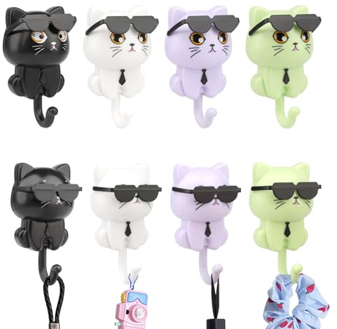 CPENG 4 Stück Selbstklebende Wandhaken, Niedliche Cartoon Katze Schlüsselhaken, Kleiderhaken, Handtuchhaken, No-Punch Haken für Kleidung, Schlüssel, Schmuck, Taschen