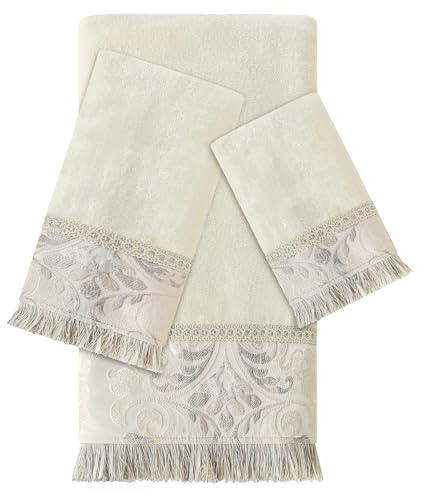 TOPLUXE 3 Piece Luxury Bath Towel Set - 1 Bath Towel, 1 Hand Towel, 1 Washcloth, Decorative Cotton Towels with Tassels Premium Quality Water Absorbent (Beige)