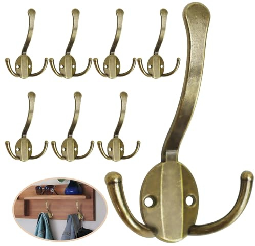 Homanu 8 Pack Coat Hooks Heavy Duty, Metal Three Prongs Large Coat Hooks Wall Mounted with 16 Screws, No Rust Antique Brass Rustic Wall Hooks for Hanging Towel, Coat, Scarf, Bag, Hat, Cup, Key