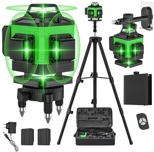 Livella Laser Autolivellante 16 Linee, 4 X 360° Livello Laser Verde con 2 x 2400mAh, Treppiede Regolabile, Supporto a Parete, Base Girevole, Telecomando e Custodia per il Trasporto, IP54