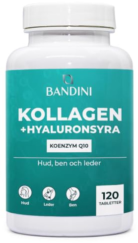 Bandini® Kollagen och Hyaluronsyra - Hydrolyserat kollagen, 120 tabletter | berikade med koenzym Q10 - 1000 mg med hyaluronsyratabletter för hud, ben och leder - Collagen + hyaluronic acid